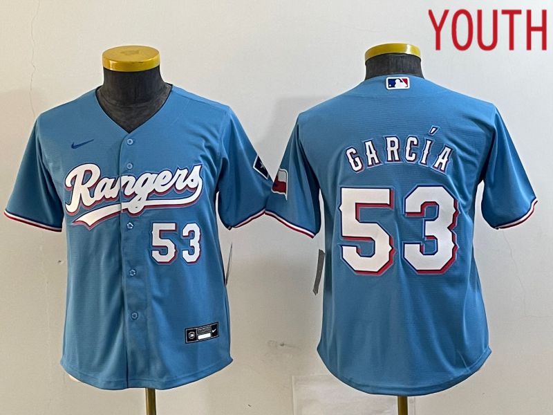 Youth Texas Rangers 53 Garcia Light Blue Game Nike 2023 MLB Jersey style 2